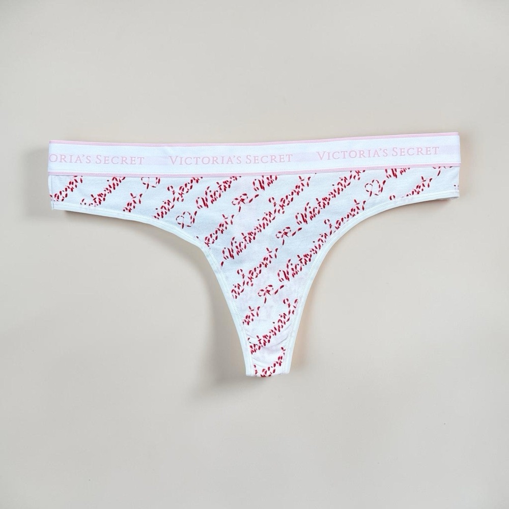 Victorias Secret Womens L White Pink Logo Thong Panties Holiday Candy Cane NWT